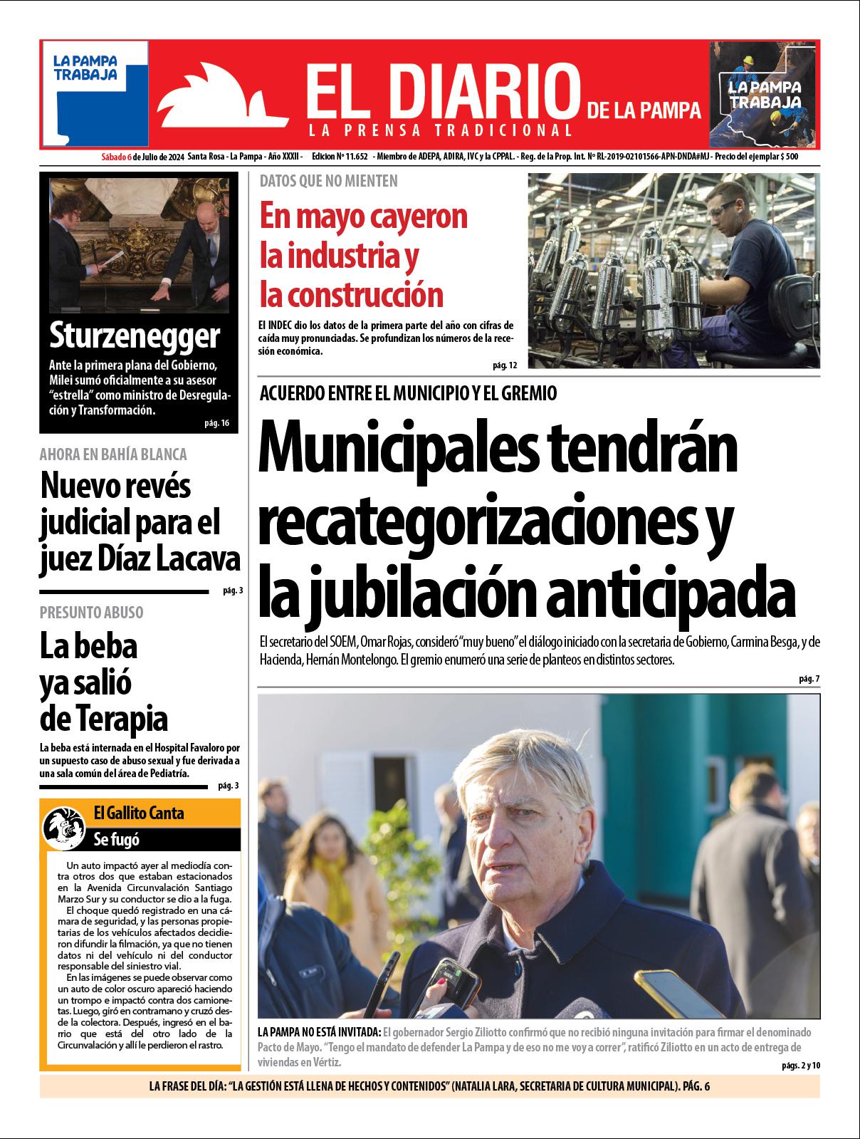 Tapa de El Diario en papel  saacutebado 06 de julio de 2024